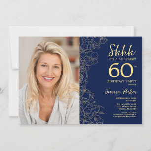 Navy Gold Elegant Surprise Photo 60th Birthday Invitation