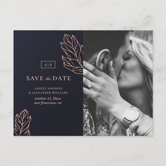 Navy gold elegant wedding. Blue Save the Date Postcard (Front)