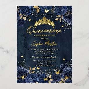 Navy Gold Enchanting Floral Butterfly Quinceanera