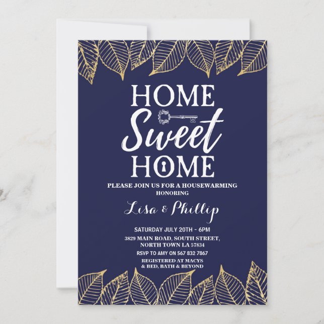 Navy Gold Fall Housewarming Home Key Invite (Front)