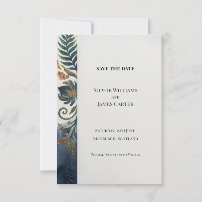 Navy Gold Fern Save The Date Card (Front)