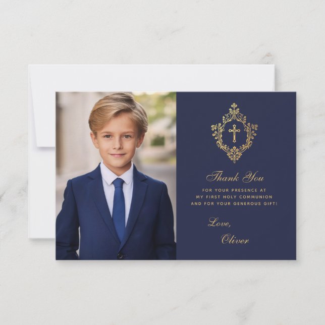 Navy Gold First Communion Elegant Boy Photo Crest Thank You Card (Front)
