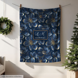Navy Gold Floral Blanket Chic Personalized Gift