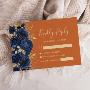 Navy Gold Floral Burnt Orange Wedding RSVP Card