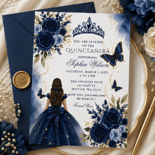 Navy Gold Floral Butterfly Princess Quinceañera Invitation