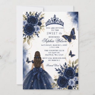 Navy Gold Floral Butterfly Princess Sweet 16 Invitation