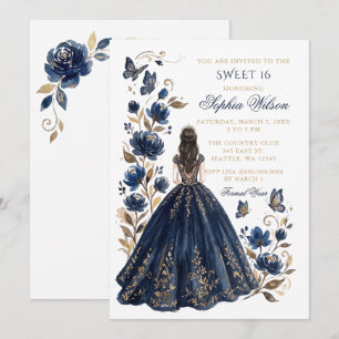 Navy Gold Floral Butterfly Princess Sweet 16 Invitation