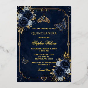 Navy Gold Floral Butterfly Quinceañera