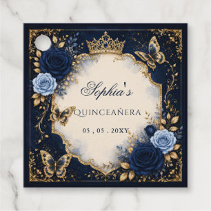 Navy Gold Floral Butterfly Quinceañera Favour Tags