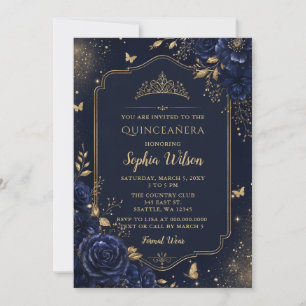 Navy Gold Floral Butterfly Quinceañera Invitation