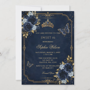 Navy Gold Floral Butterfly Sweet 16 Invitation