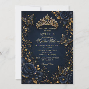 Navy Gold Floral Butterfly Sweet 16 Invitation