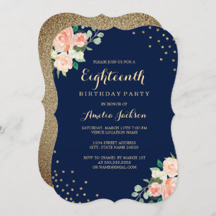 Navy Gold Floral Confetti 18th Birthday Party Invitation