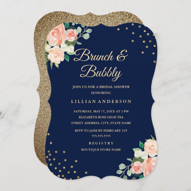 Navy Gold Floral Confetti Brunch and Bubbly Invitation (Front/Back)