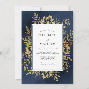 Navy Gold Floral Emblem Wedding Invitation