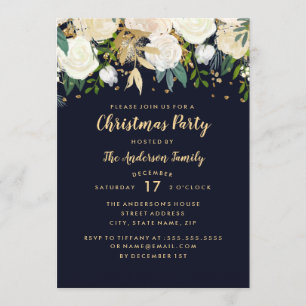Navy Gold Floral Glitter Christmas Party Card
