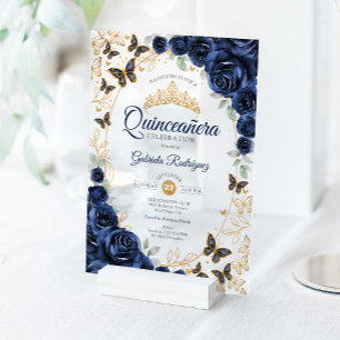 Navy Gold Floral Quinceanera Acrylic Invitations