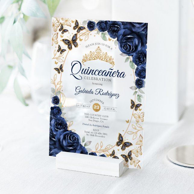 Navy Gold Floral Quinceanera Acrylic Invitations (Creator Uploaded)
