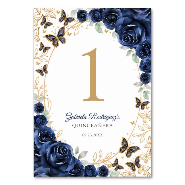 Navy Gold Floral Quinceanera Table Number (Front)