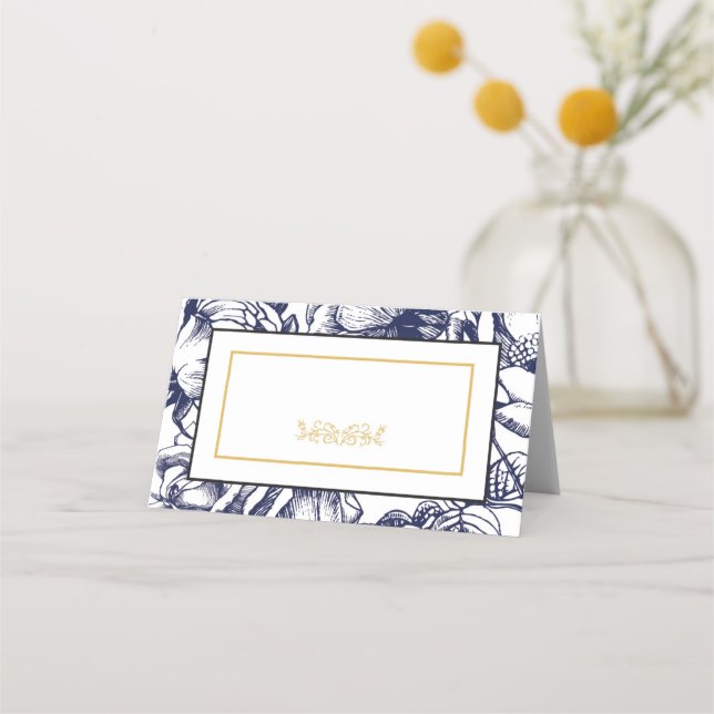 Navy & Gold Floral Royal Wedding Party Place Cards (Front)