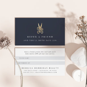 Navy & Gold Floral Scissors Logo   Salon Referral Card