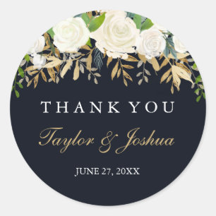 Navy Gold Floral Thank You Wedding Sticker