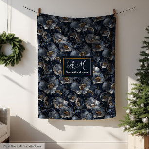 Navy Gold Floral Throw Elegant Monogram Blanket