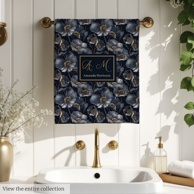 Navy Gold Floral Towels Elegant Monogram Accent (Navy Gold Floral Towels Elegant Monogram Accent)