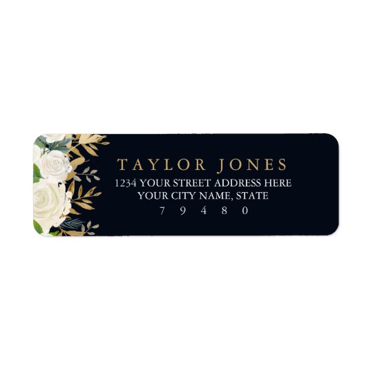 Navy Gold Floral Watercolor Return Address Label