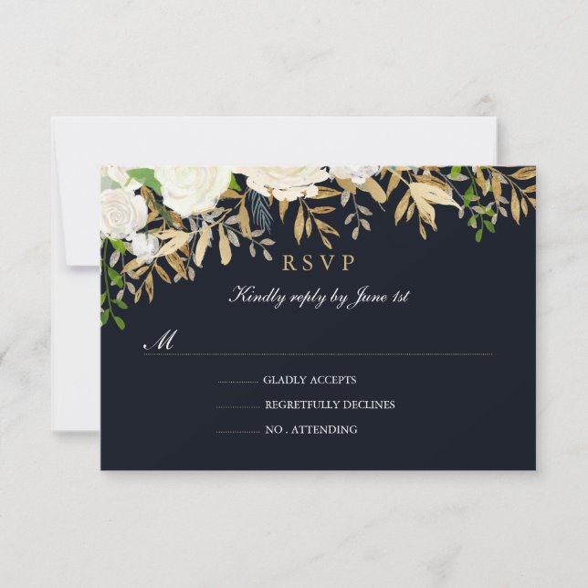 Navy Gold Floral Watercolor Wedding RSVP Card (Front)