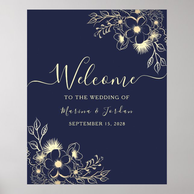 Navy Gold Floral Wedding Welcome Poster (Front)