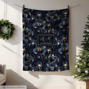 Navy Gold Flower Blanket Modern Custom Name Style