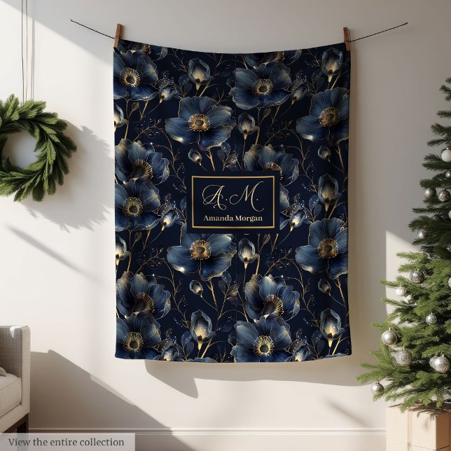 Navy Gold Flower Blanket Modern Custom Name Style (Navy Gold Flower Blanket Modern Custom Name Style)