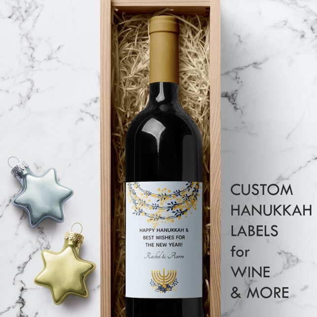 Navy & Gold Flowers Menorah Blue Happy Hanukkah  Wine Label (Happy Hanukkah | Navy & Gold Flowers Menorah Blue Wine Label 🕎
)