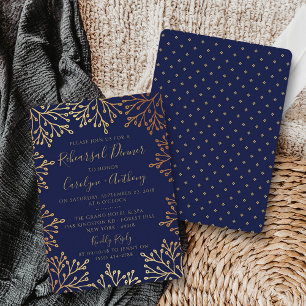 Navy & Gold Foil Floral Wedding Rehearsal Dinner Invitation