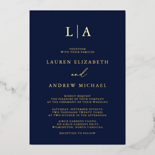 Navy Gold Foil Monogram Initial Minimalist Wedding (Front)