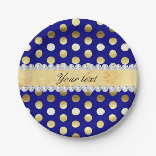Navy Gold Foil Polka Dots Diamonds Paper Plate