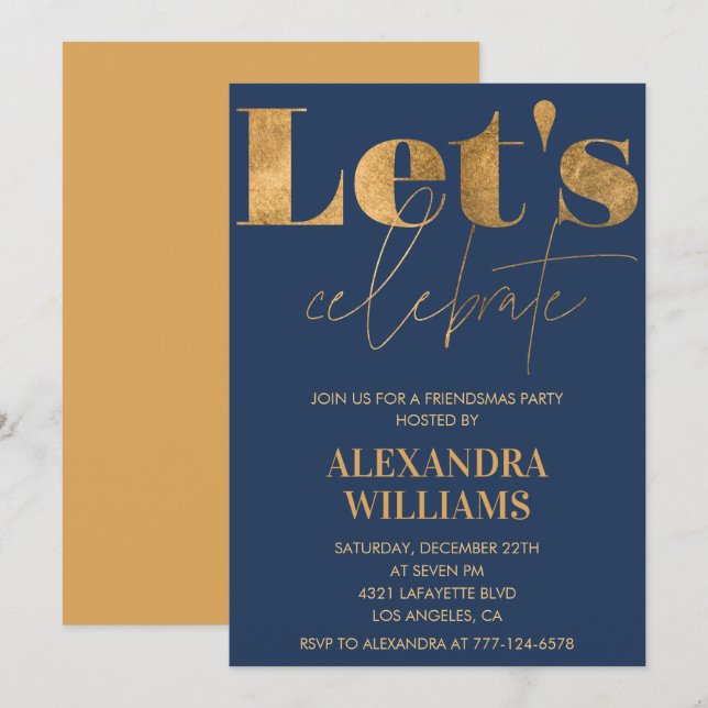 Navy Gold Friendsmas invitations Let's celebrate (Front/Back)