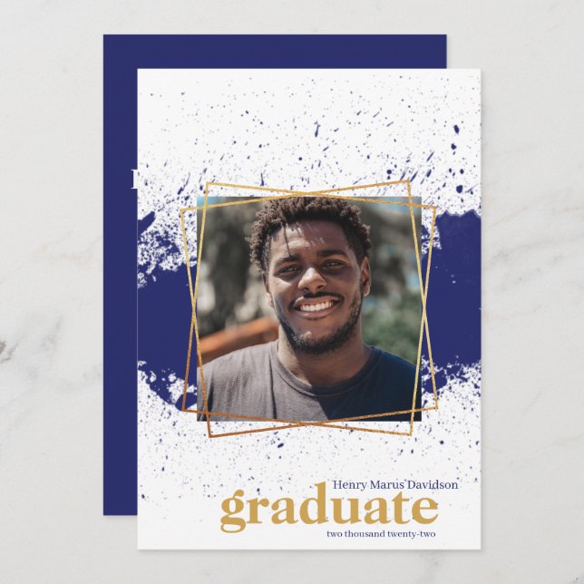 Navy & Gold Funky Splat Graduation Invitation (Front/Back)
