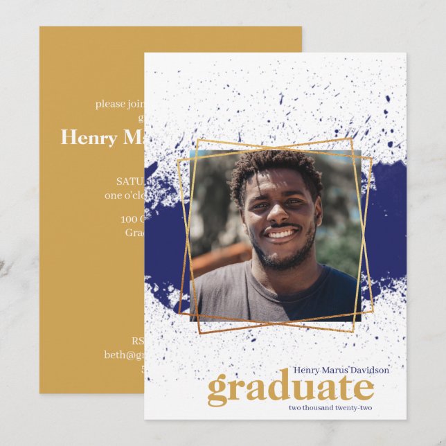 Navy & Gold Funky Splat Graduation Invitation (Front/Back)