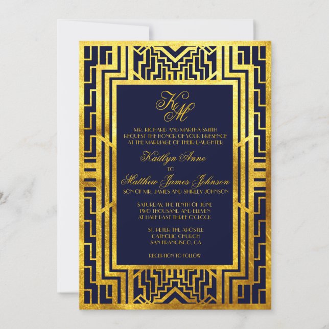 Navy Gold Gatsby Art Deco Wedding Invitation Card (Front)
