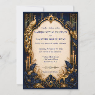 Navy gold gatsby peacock wedding luxurious invitation