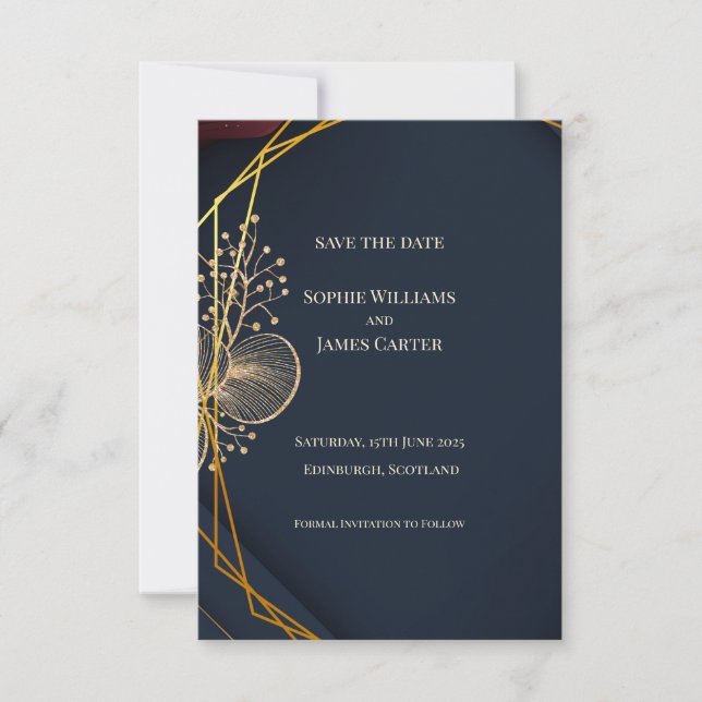 Navy Gold Geometric Botanical Line Art Wedding Sav Save The Date (Front)
