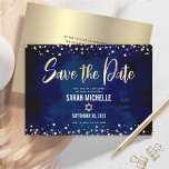 Navy Gold Glitter Bat Mitzvah Script Modern Bold Save The Date<br><div class="desc">Make sure all your friends and relatives will be able to celebrate your daughter’s milestone Bat Mitzvah! Send out this stunning, modern, “Save the Date” announcement card. Graphic faux gold foil calligraphy script, Star of David, and glitter confetti, overlay a rich, dramatic, navy blue watercolor background. Your custom message overlays...</div>