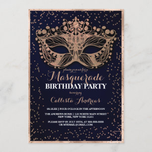 Navy Gold Glitter Confetti Masquerade Birthday Invitation