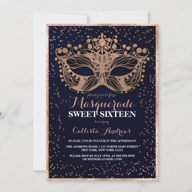 Navy Gold Glitter Confetti Masquerade Sweet 16 Invitation (Front)