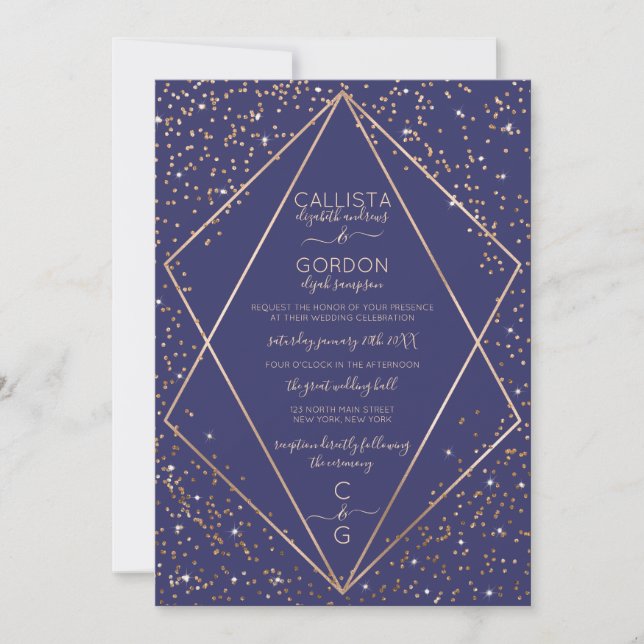 Navy Gold Glitter Confetti Terrarium Wedding Invitation (Front)