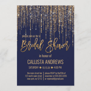 Navy Gold Glitter Fringe Curtain Bridal Shower Invitation