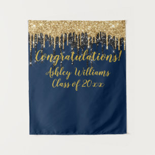 Navy Gold Glitter Graduation Party Photo Booth Tapestry