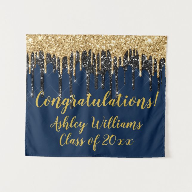 Navy Gold Glitter Graduation Photo Booth Grad Prop Tapestry (Front (Horizontal))